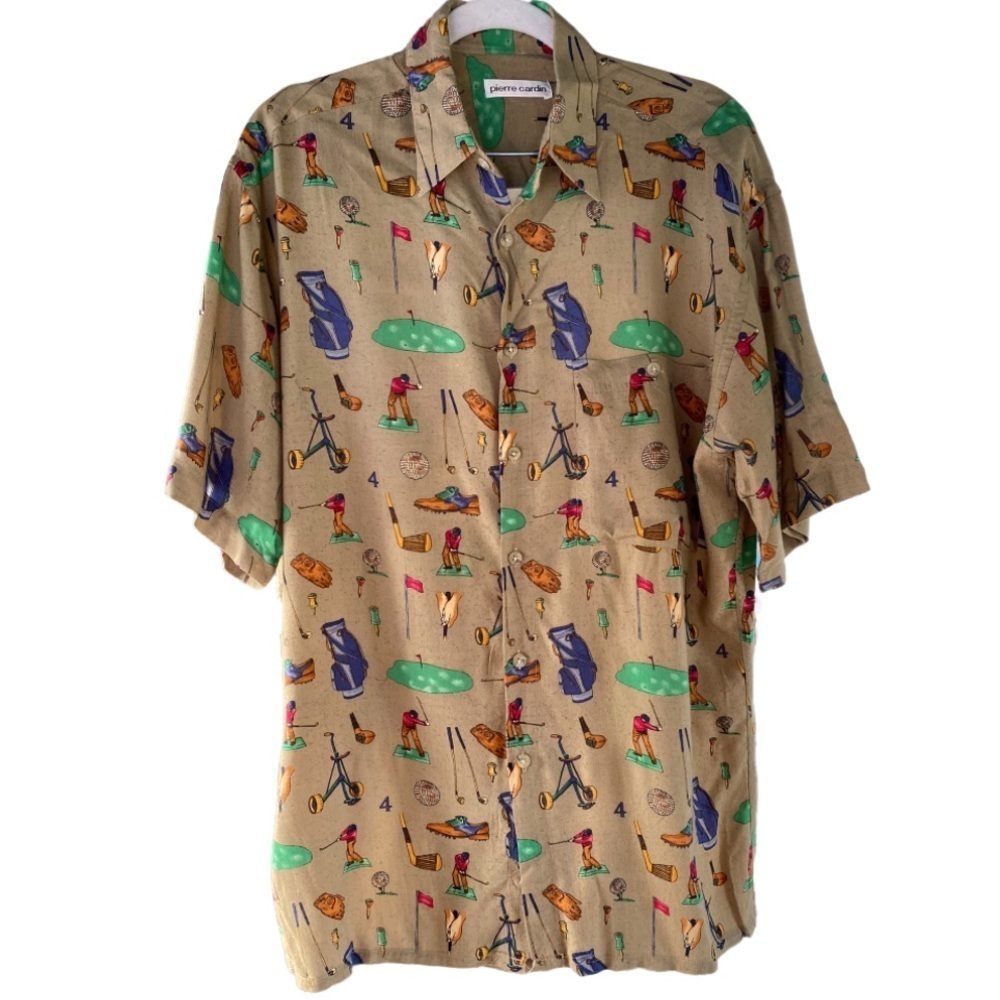 Pierre Cardin tan golf print button up shirt s